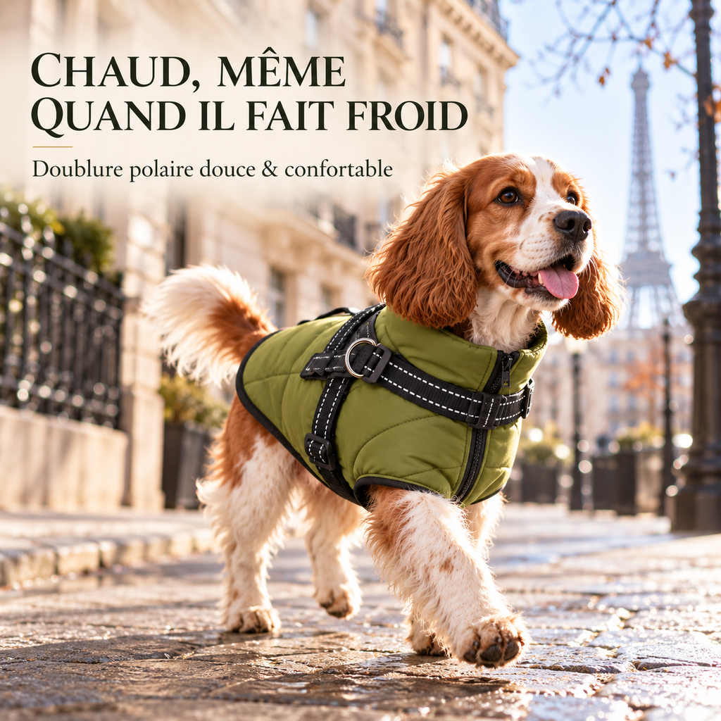 Doudoune Croc’Chaud – Manteau imperméable avec harnais intégré pour chien