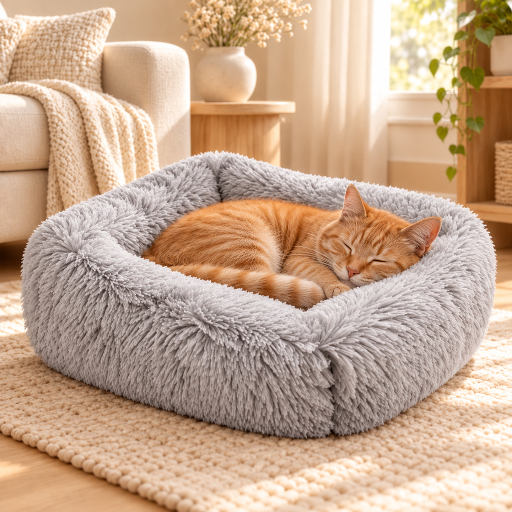 Un chat roux endormi dans Le Panier Nuage gris
