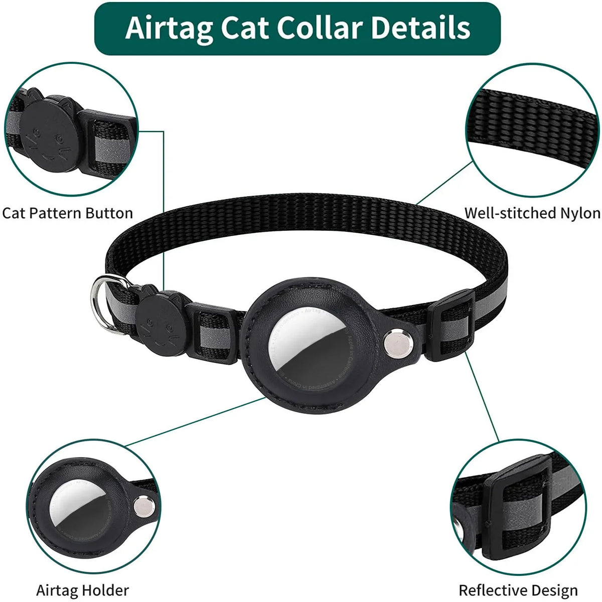 Cat Airtag Holder Collar Breakaway Reflective Strips Adjustable Kitten Collar Waterproof Cat Bell Collar Pet Air Tag Case Collar