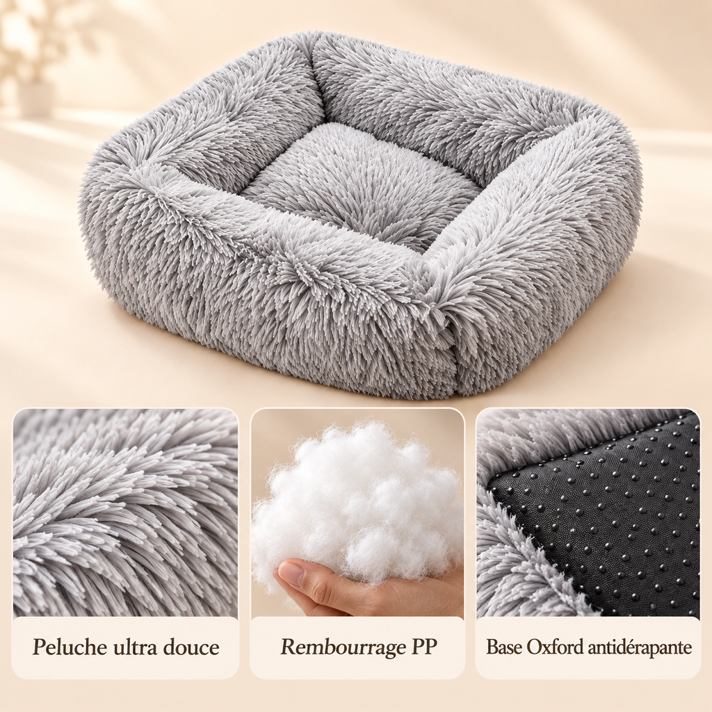 Détails du Panier Nuage : peluche ultra douce, rembourrage PP et base antidérapante